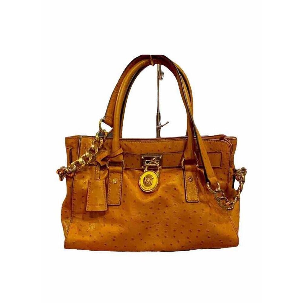 Michael Kors Hamilton Ostrich Leather Satchel Tote Bag Brown Orange Handbag